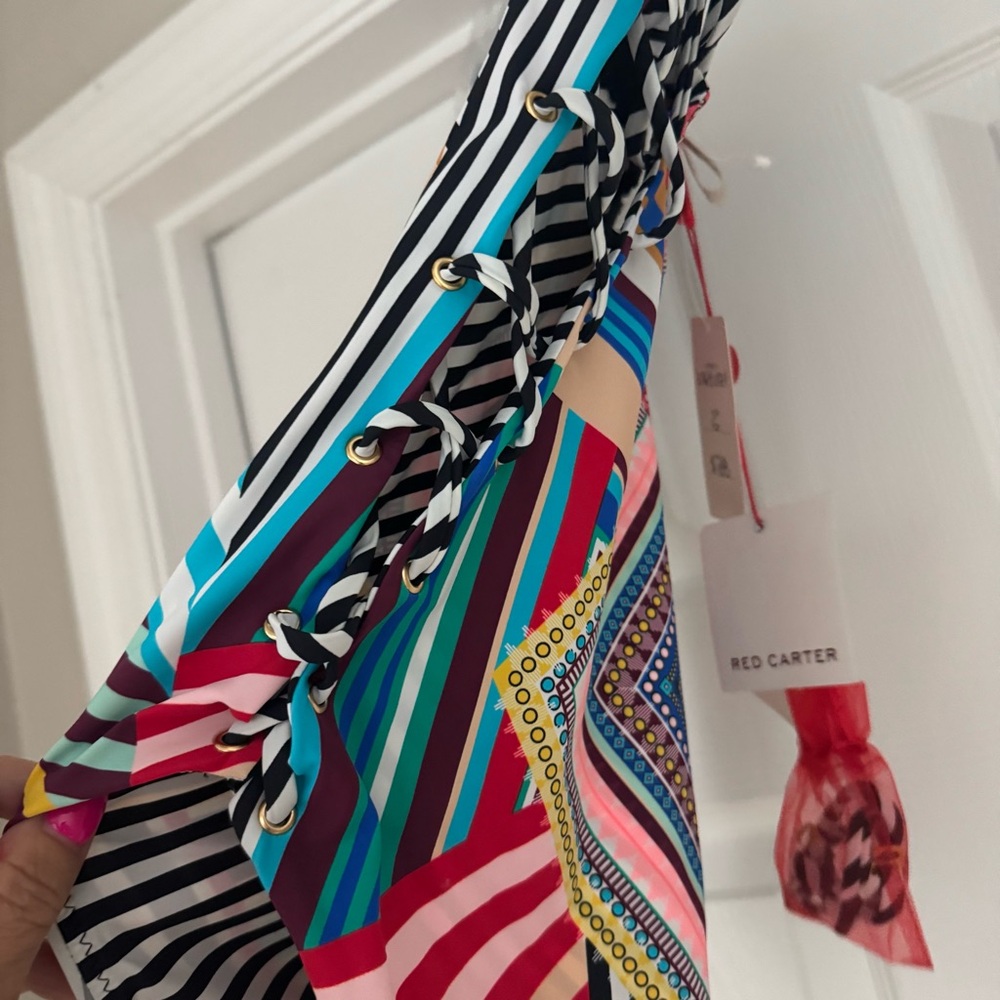 Red Carter Multicolor Geometric One-Piece Swimsuit — Pink, Blue, Teal, Mustard - Picture 3 of 14